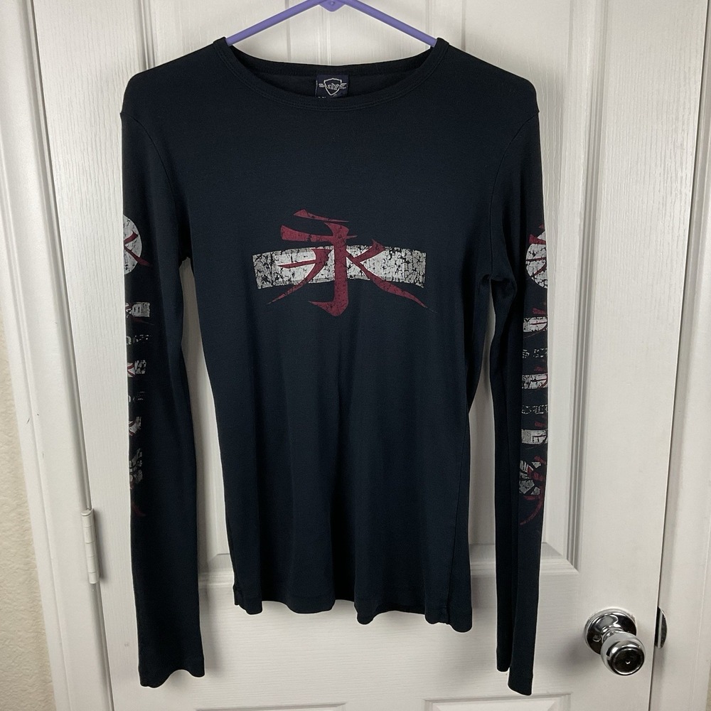 Y2K Sledge USA Women's Black Long Sleeve Kanji Graphic Tee/T-shirt Size L Grunge